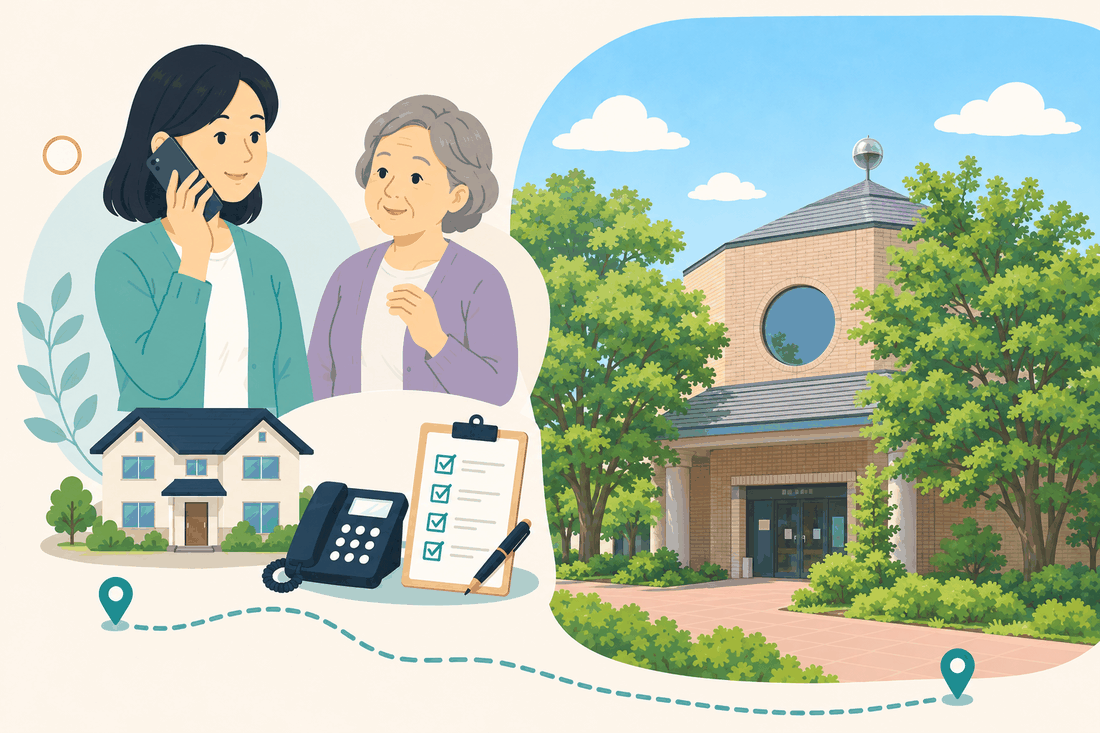 電話で相談する女性と親、住まい・固定電話・確認表と、八角形の屋根と丸い窓のあるれんが色の建物と、茂る木々、赤い舗道を描いた案内イラスト