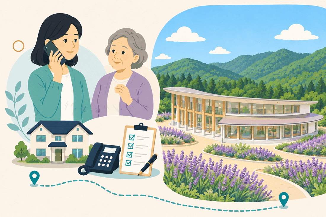 電話で相談する女性と親、住まい・固定電話・確認表と、ラベンダー畑の奥に、曲線の屋根を持つ木造の大きな建物と、緑の山々を描いた案内イラスト