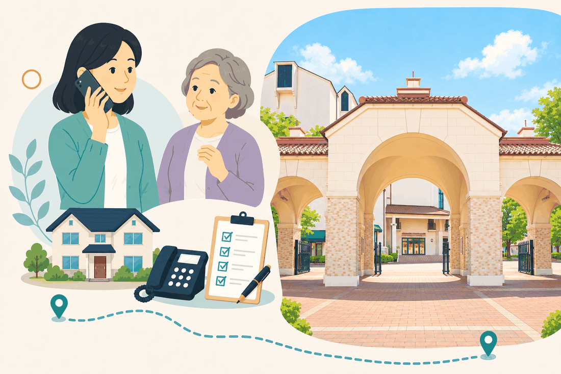 スマートフォンで電話する女性と、隣で手を組む年配の女性、家・固定電話・確認表を描いた案内イラスト。右側にはレンガ色の石畳の広場とアーチ状の門、洋風の建物が描かれている