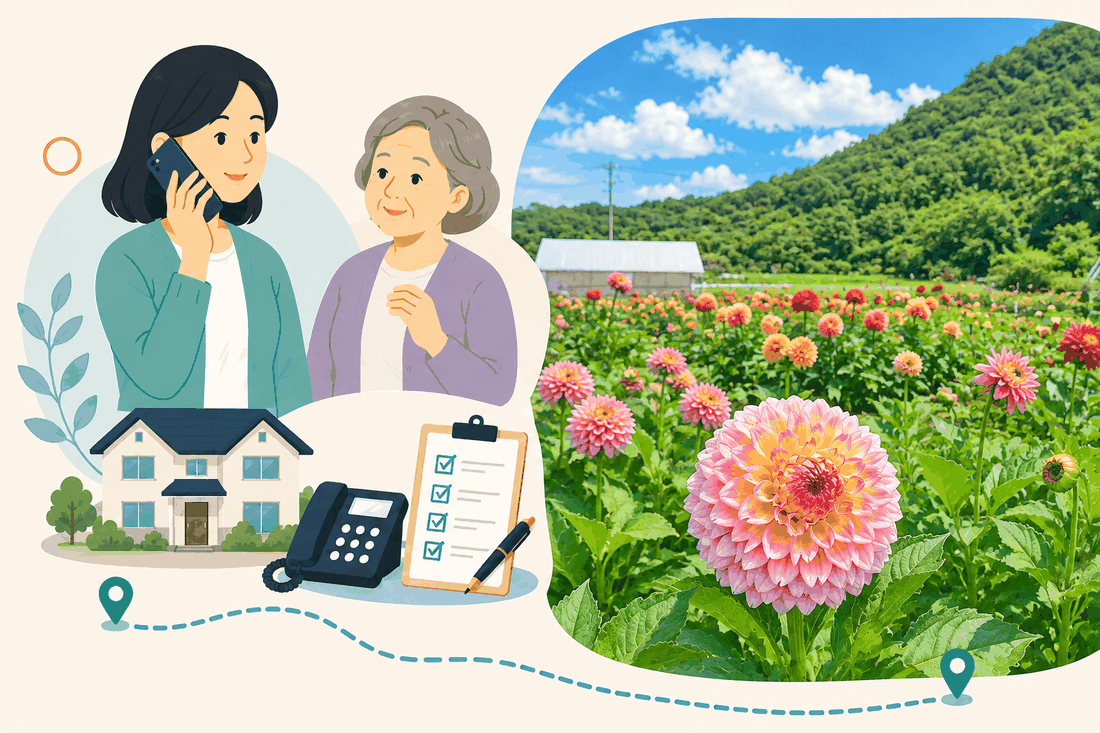 スマートフォンで電話する女性と、隣で手を組む年配の女性、家・固定電話・確認表を描いた案内イラスト。右側には山を背にした畑一面のダリアの花が描かれている