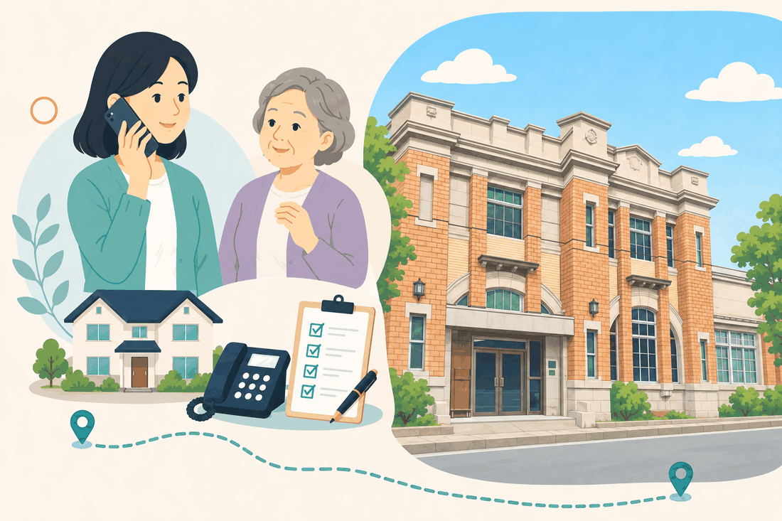 電話で相談する女性と親、住まい・固定電話・確認表と、赤れんがと石でできた二階建て・三階建ての古い洋風の公共建築を描いた案内イラスト