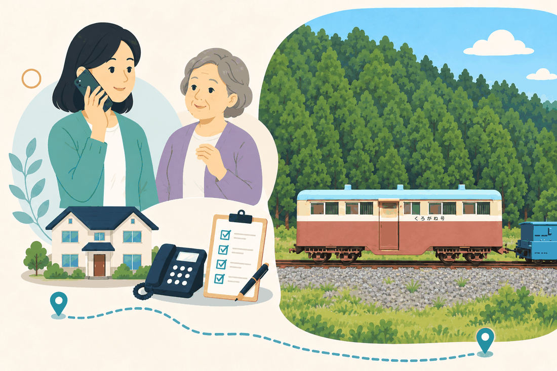 電話で相談する女性と親、住まい・固定電話・確認表と、杉林を背にした線路に停まる、赤茶とクリーム色の古い客車（「くろがね号」の文字）を描いた案内イラスト