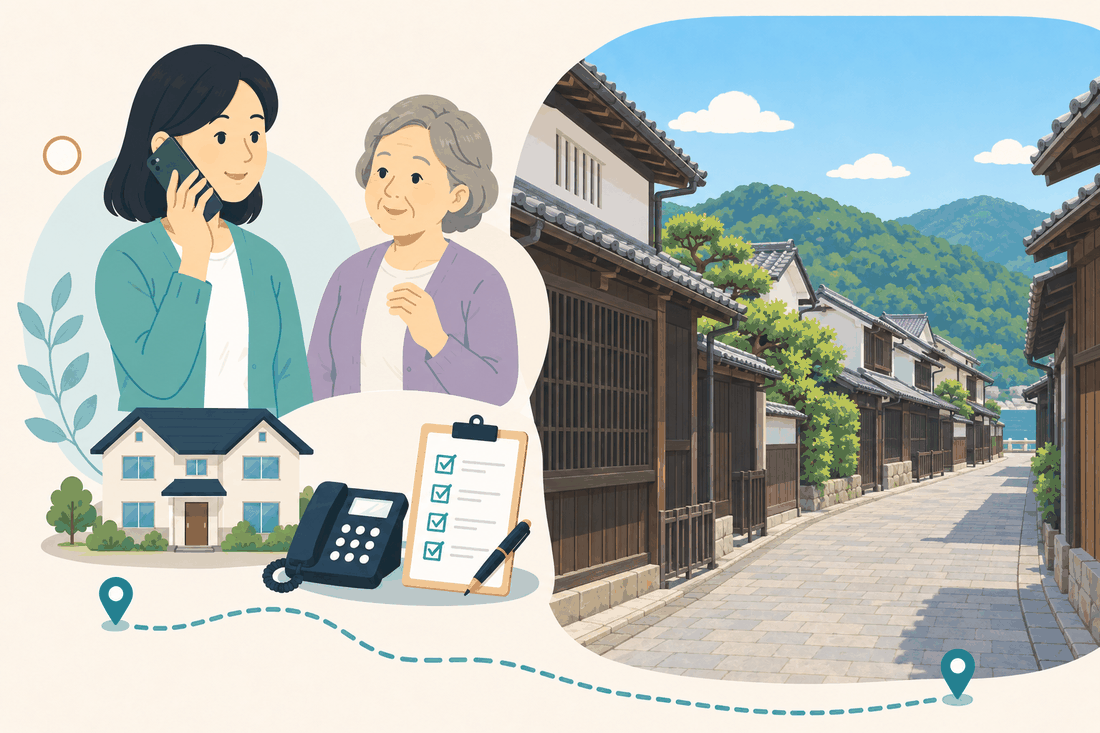 離れて暮らす娘と親、電話、確認表、東かがわ市・引田の古い町並みを描いた東かがわ市版の案内イラスト