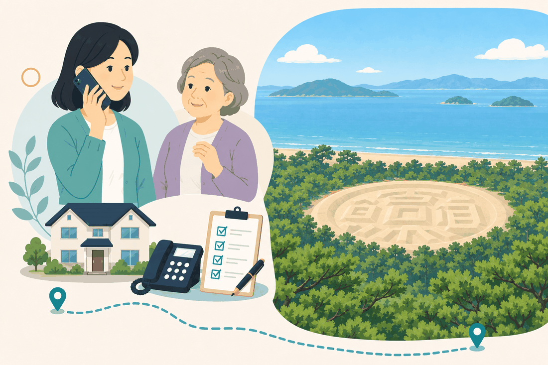 離れて暮らす娘と親、電話、確認表、観音寺市の琴弾浜・銭形砂絵と瀬戸内海の島を描いた観音寺市版の案内イラスト