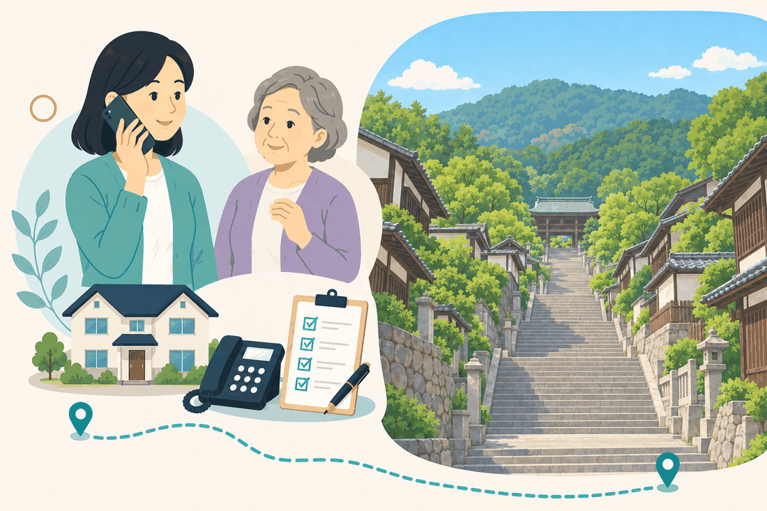 離れて暮らす娘と親、電話、確認表、琴平町の金刀比羅宮の参道を描いた琴平町版の案内イラスト
