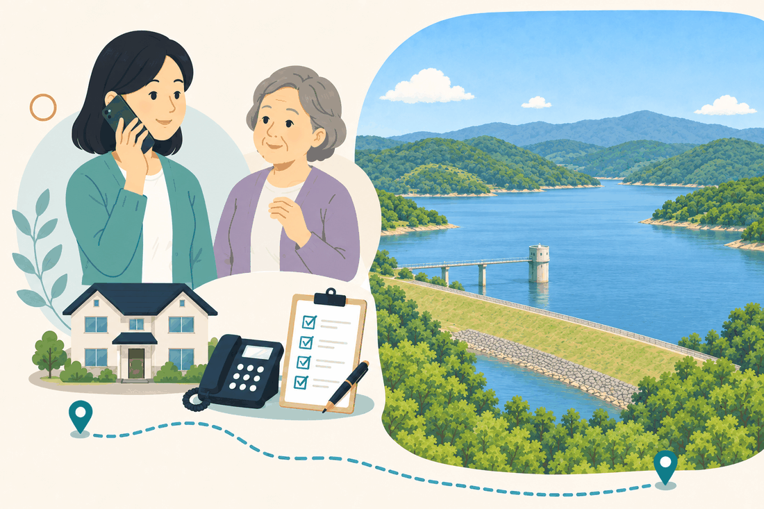 離れて暮らす娘と親、電話、確認表、満濃池と讃岐山脈の風景を描いたまんのう町版の案内イラスト
