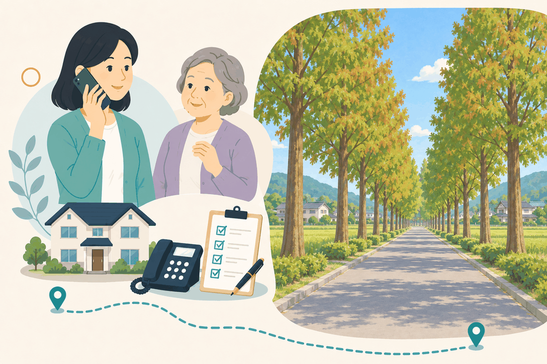 離れて暮らす娘と親、電話、確認表、三木町のメタセコイア並木と田園風景を描いた三木町版の案内イラスト