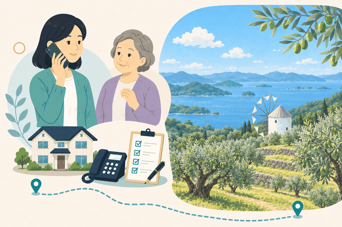 離れて暮らす娘と親、電話、確認表、小豆島の瀬戸内海の風景を描いた小豆島町版の案内イラスト
