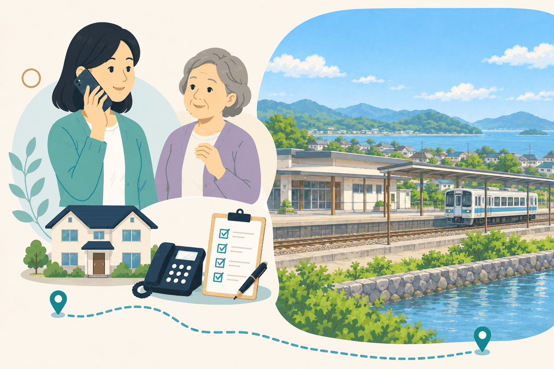 離れて暮らす娘と親、電話、確認表、多度津港と瀬戸内海の風景を描いた多度津町版の案内イラスト