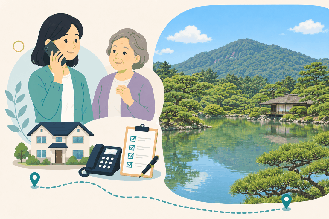 離れて暮らす娘と親、電話、確認表、中央の風景を描いた高松市中央版の案内イラスト