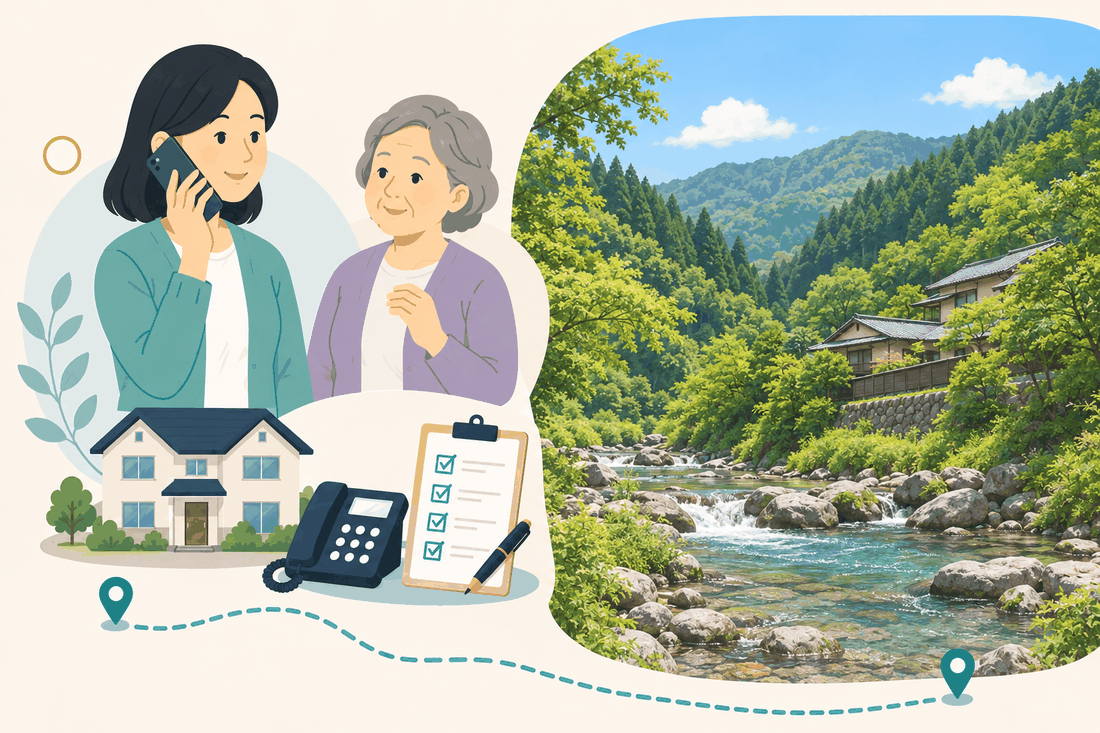 離れて暮らす娘と親、電話、確認表、香川の風景を描いた高松市香川版の案内イラスト