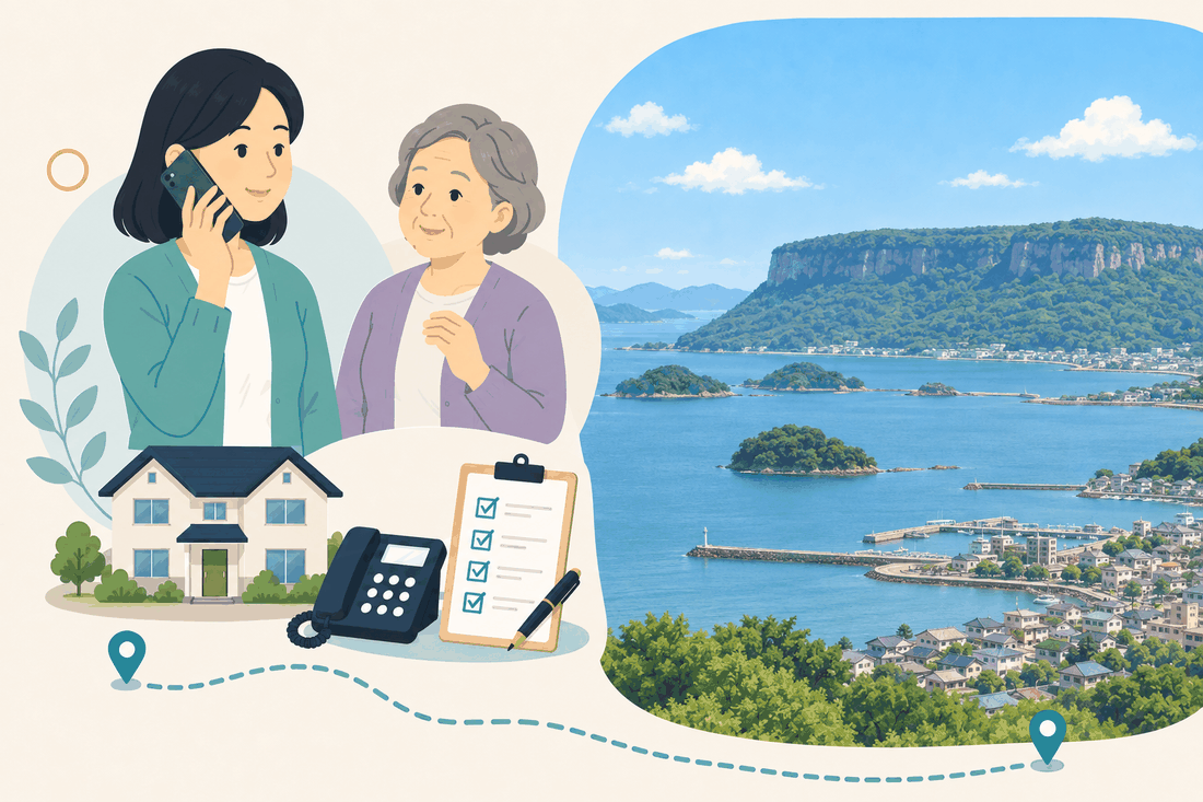 離れて暮らす娘と親、電話、確認表、牟礼の風景を描いた高松市牟礼版の案内イラスト