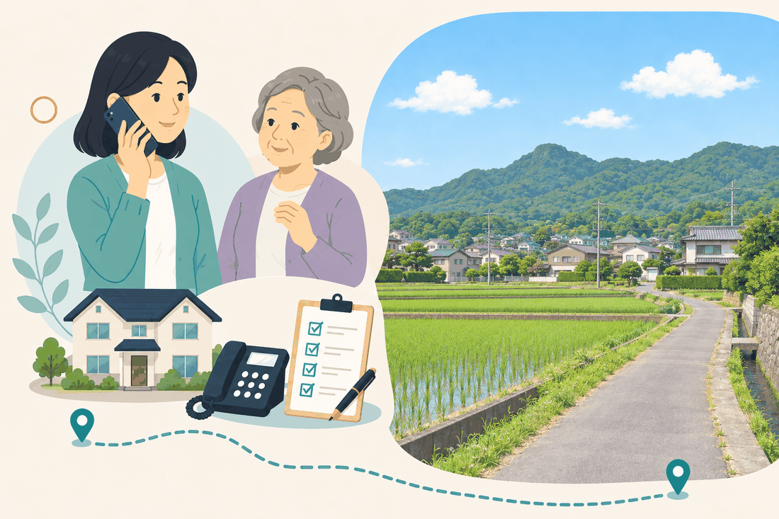離れて暮らす娘と親、電話、確認表、山田の風景を描いた高松市山田版の案内イラスト