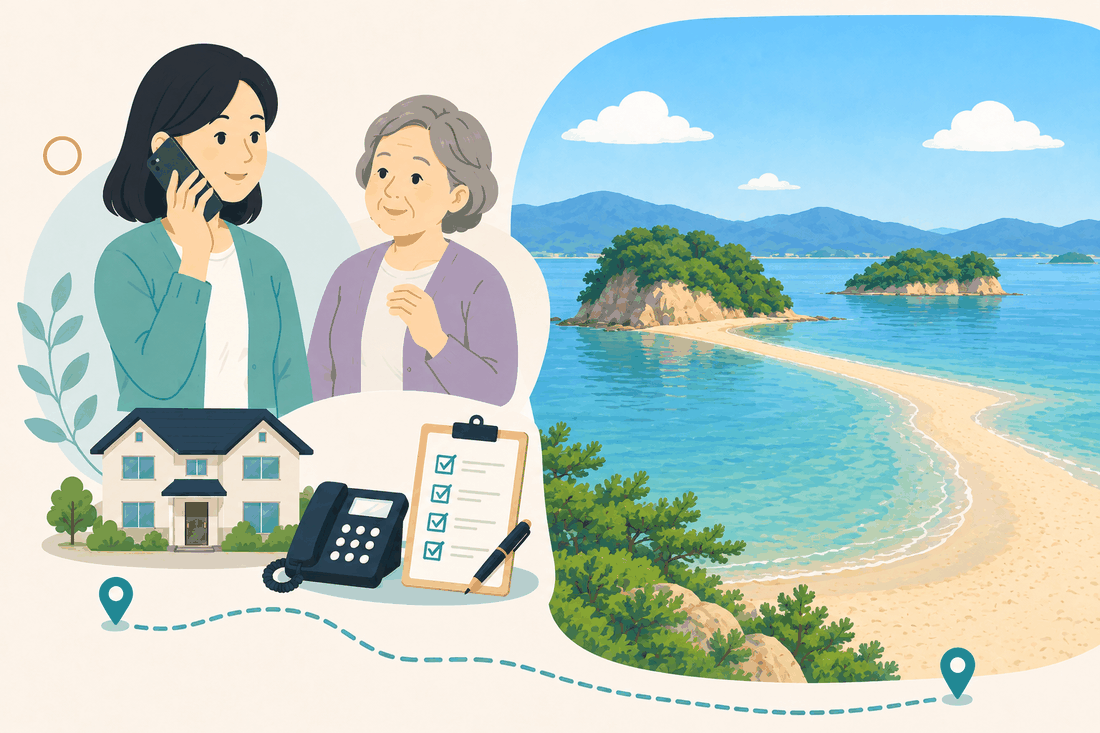 離れて暮らす娘と親、電話、確認表、土庄港と小豆島の風景を描いた土庄町版の案内イラスト