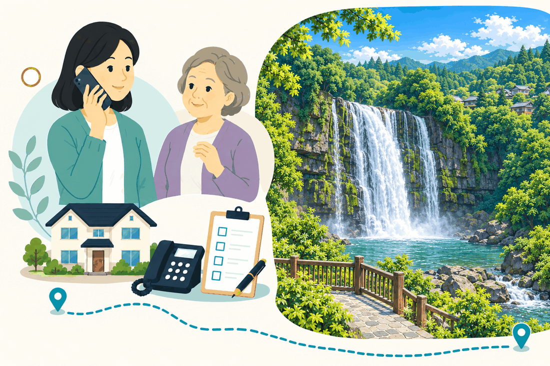 スマートフォンで電話する娘と、そばで聞く母。家と電話機と確認表を描いた絵の右に、木の柵のある展望の道から見える滝を描いた案内イラスト