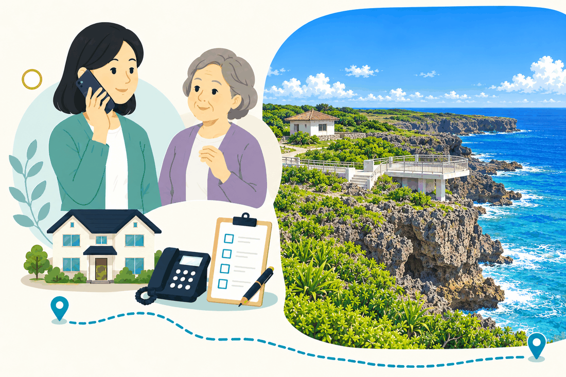 スマートフォンで電話する娘と、そばで聞く母。家と電話機と確認表を描いた絵の右に、断崖の上の展望台と東屋、青い海を描いた案内イラスト