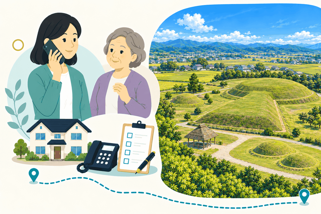 スマートフォンで電話する娘と、そばで聞く母。家と電話機と確認表を描いた絵の右に、古墳の丘と東屋、広がる田園を描いた案内イラスト