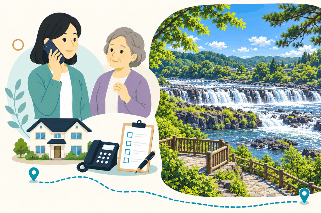 スマートフォンで電話する娘と、そばで聞く母。家と電話機と確認表を描いた絵の右に、川の段差を流れる水と、木の柵のある展望の道を描いた案内イラスト