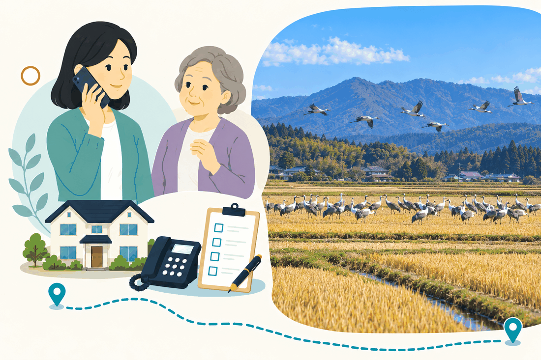 スマートフォンで電話する娘と、そばで聞く母。家と電話機と確認表を描いた絵の右に、稲刈り後の田んぼに降りたツルの群れと、空を飛ぶツル、遠くの山並みを描いた案内イラスト