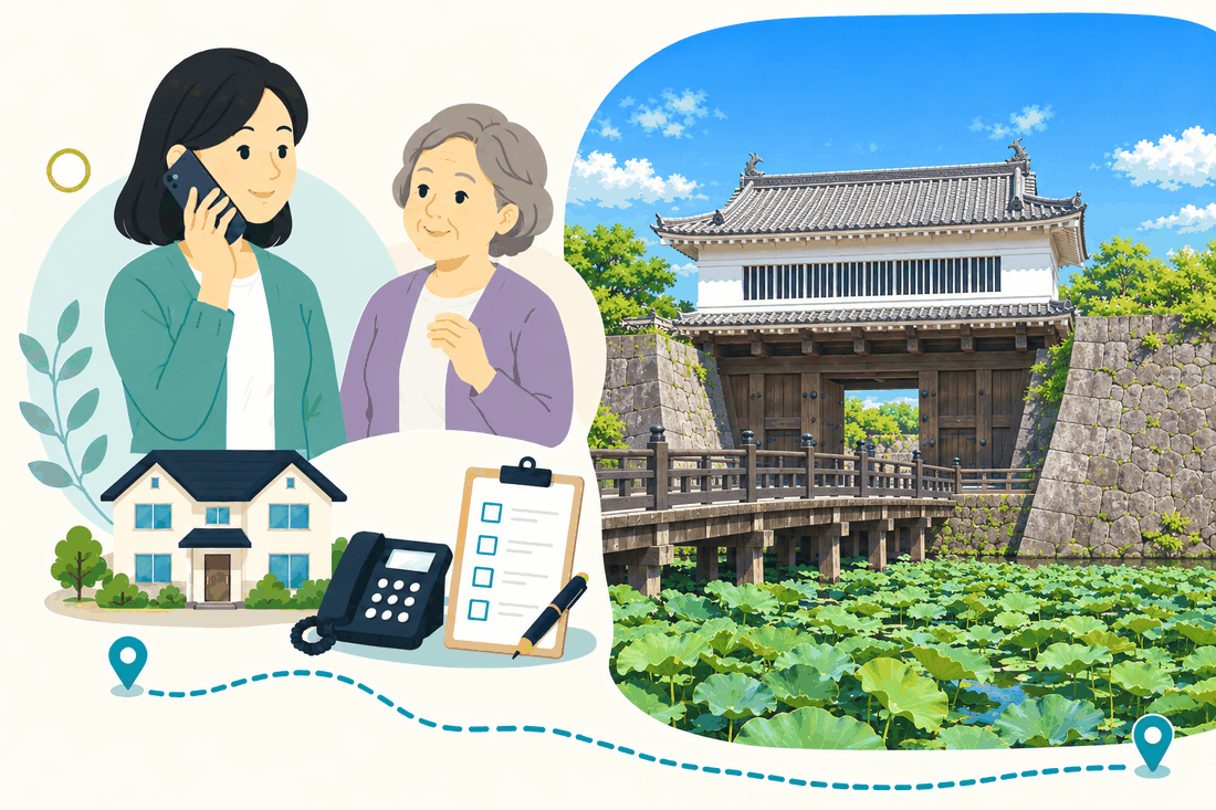 電話で相談する家族と親、住まい・固定電話・確認表と、堀に蓮の葉が広がる石垣と、木の橋の先に立つ二重の屋根の城門を描いた案内イラスト