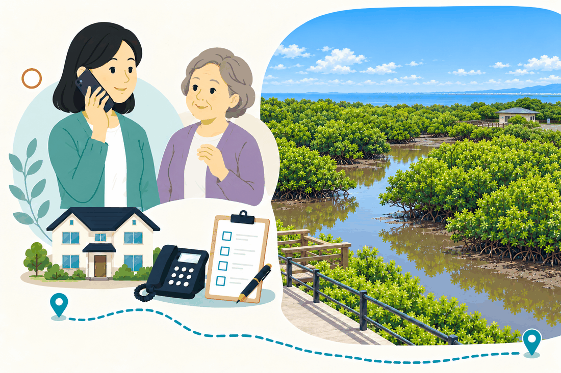 電話で相談する家族と親、住まい・固定電話・確認表と、海に面した干潟に茂るマングローブの林と、木の遊歩道・手すりを描いた案内イラスト