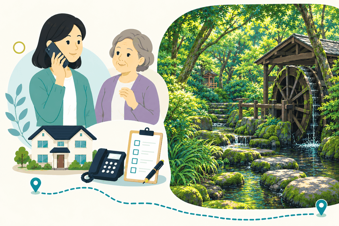 電話で相談する家族と親、住まい・固定電話・確認表と、苔むした岩と飛び石のある小川、木組みの水車小屋、木立の中の石段と小さな社を描いた案内イラスト