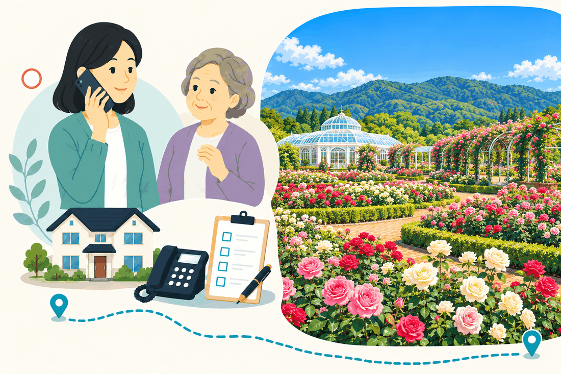 スマートフォンで電話する娘と、そばで聞く母。家と電話機と確認表を描いた絵の右に、バラ園とガラス張りの温室を描いた案内イラスト
