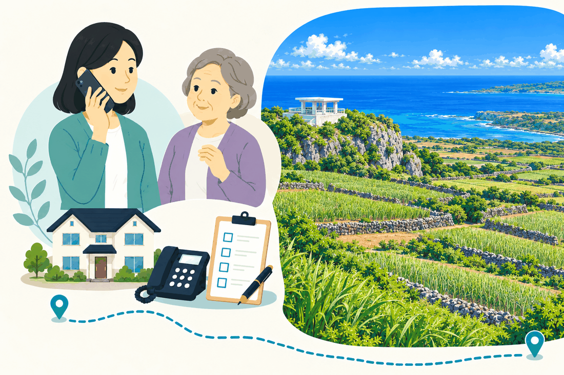 スマートフォンで電話する娘と、そばで聞く母。家と電話機と確認表を描いた絵の右に、サトウキビの段々畑と、海を望む白い展望の建物を描いた案内イラスト