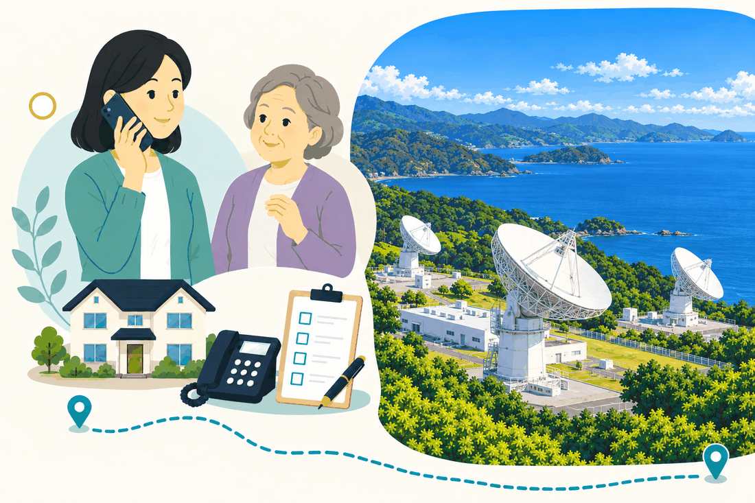 スマートフォンで電話する娘と、そばで聞く母。家と電話機と確認表を描いた絵の右に、海を見下ろす白いパラボラアンテナと観測施設の建物を描いた案内イラスト