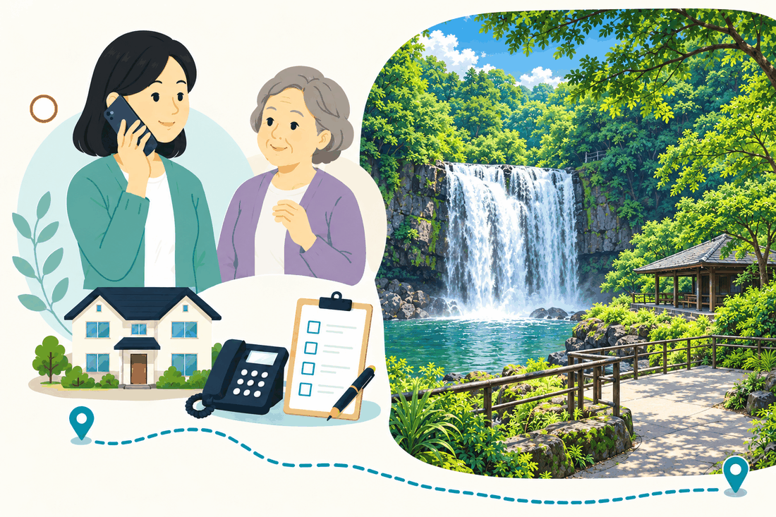 スマートフォンで電話する娘と、そばで聞く母。家と電話機と確認表を描いた絵の右に、滝と滝つぼ、木の柵のある展望の東屋を描いた案内イラスト