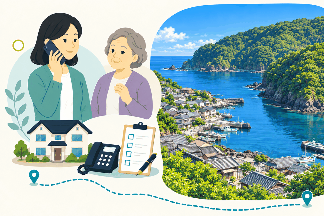 スマートフォンで電話をする女性と、そばで話を聞く年配の女性、家と固定電話とチェックリストを描いた案内イラスト。右側には、入り江に面して屋根が並ぶ漁村と、海に迫る緑の山を描いた海辺の景色