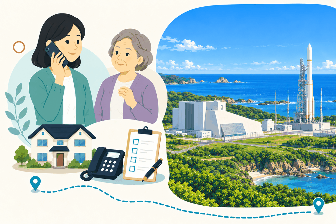 スマートフォンで電話する娘と、そばで聞く母。家と電話機と確認表を描いた絵の右に、海を望むロケットの発射場と白い建物を描いた案内イラスト