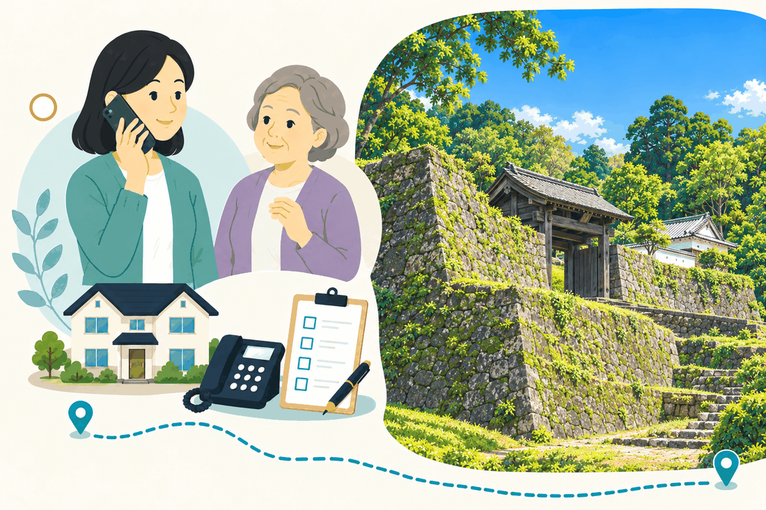 スマートフォンで電話する娘と、そばで聞く母。家と電話機と確認表を描いた絵の右に、苔むした石垣と木の門のある城跡を描いた案内イラスト