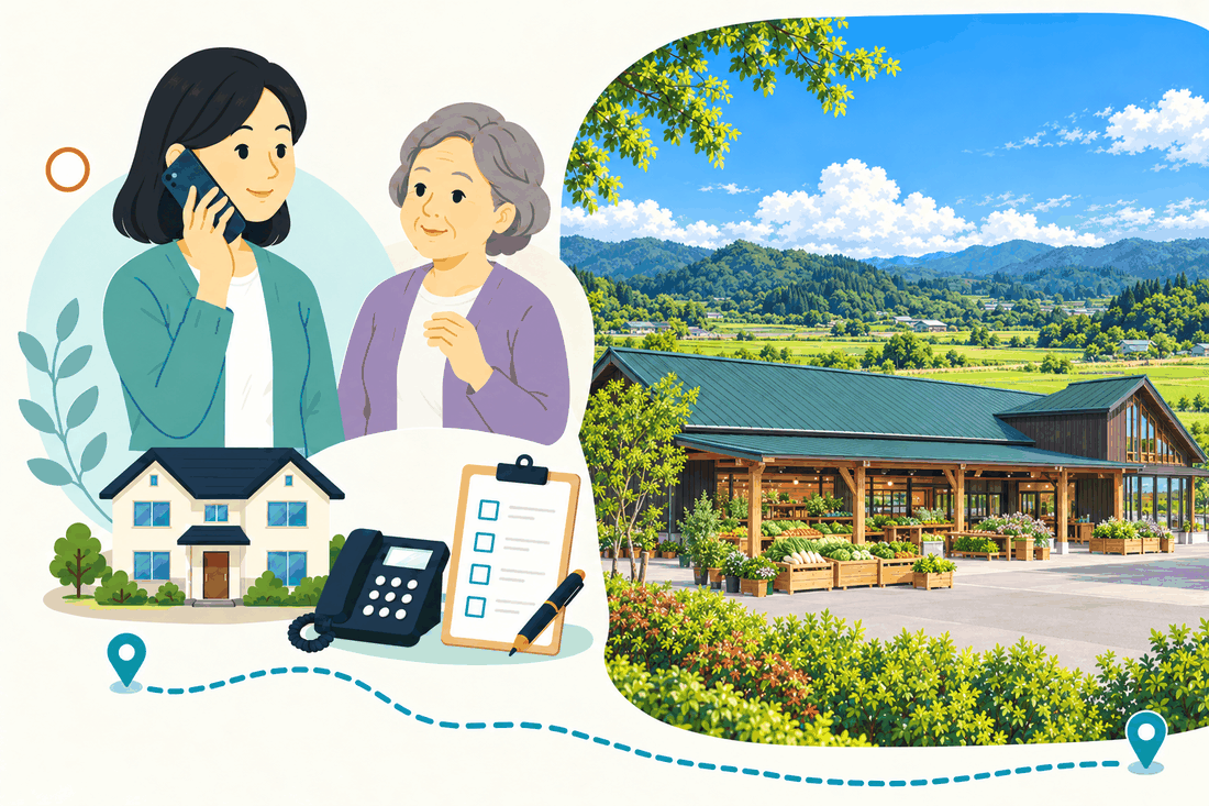 スマートフォンで電話する娘と、そばで聞く母。家と電話機と確認表を描いた絵の右に、田園を背にした大きな屋根の直売所の建物を描いた案内イラスト