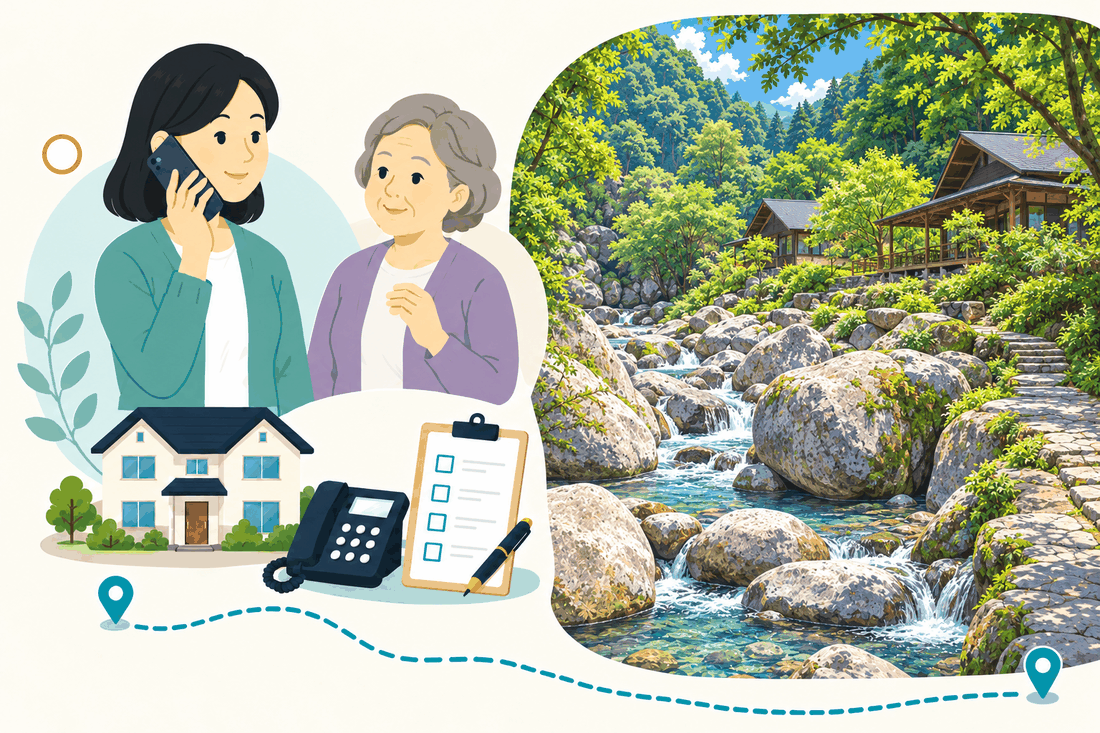 スマートフォンで電話する娘と、そばで聞く母。家と電話機と確認表を描いた絵の右に、渓流の岩場と、木立の中の木造の山小屋を描いた案内イラスト