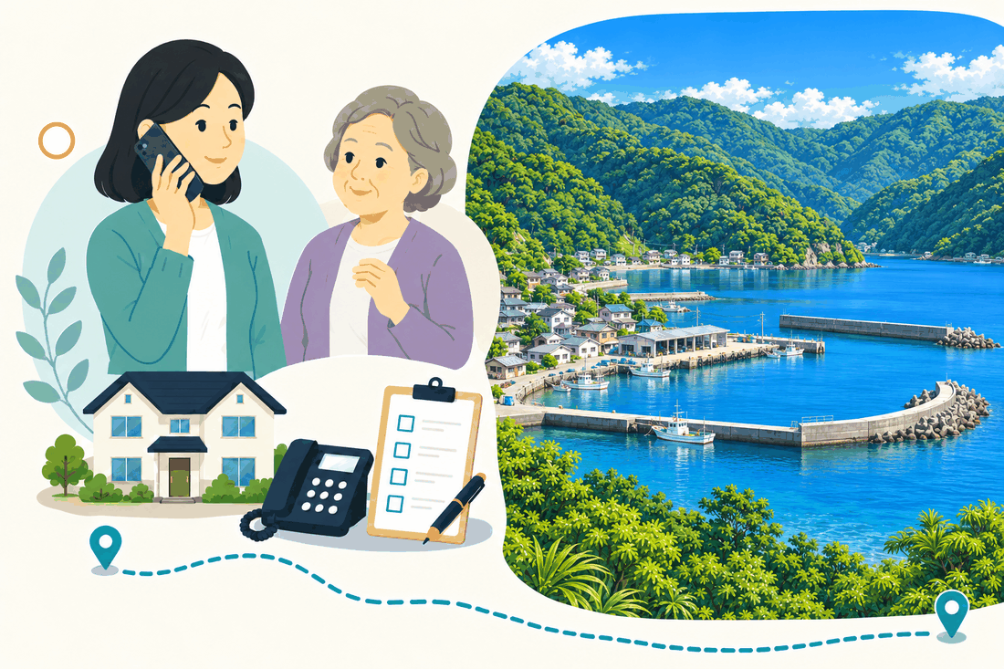 スマートフォンで電話する娘と、そばで聞く母。家と電話機と確認表を描いた絵の右に、山に囲まれた入り江の漁港と町並みを描いた案内イラスト