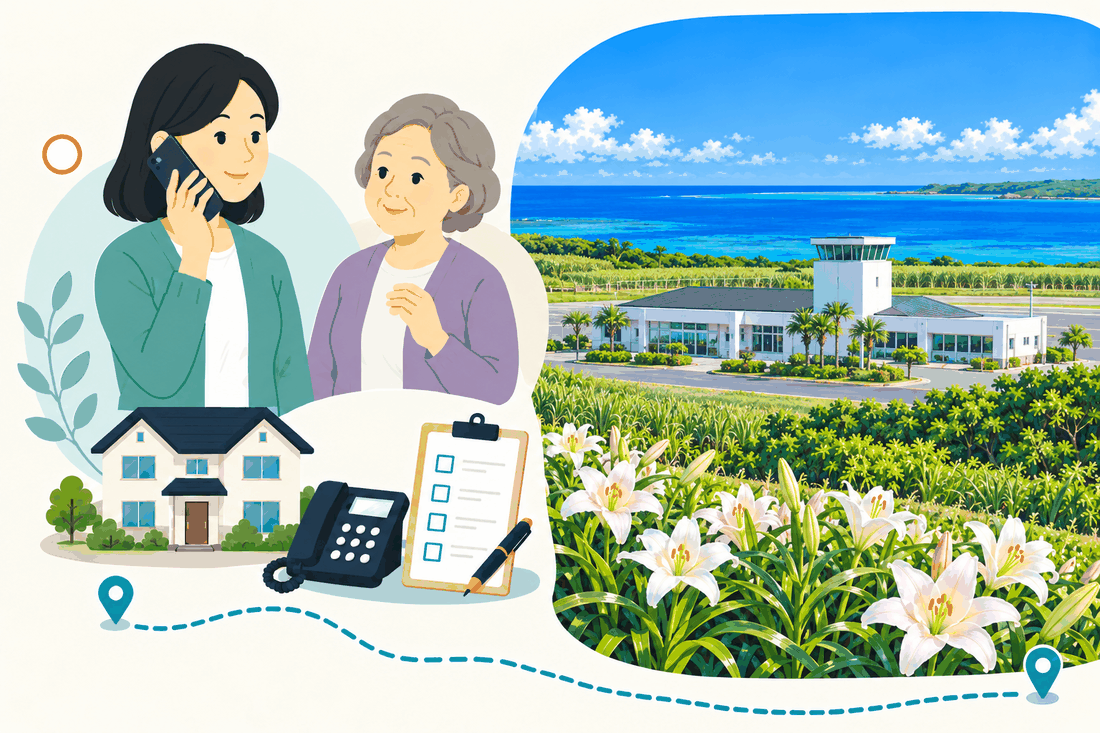 スマートフォンで電話する娘と、そばで聞く母。家と電話機と確認表を描いた絵の右に、空港の建物と、手前に咲くユリの花畑を描いた案内イラスト