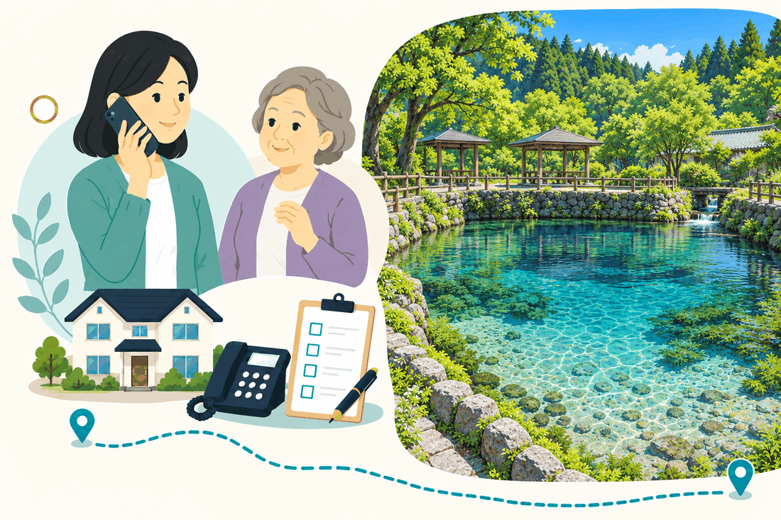 スマートフォンで電話する娘と、そばで聞く母。家と電話機と確認表を描いた絵の右に、澄んだ湧水の池と木の東屋を描いた案内イラスト
