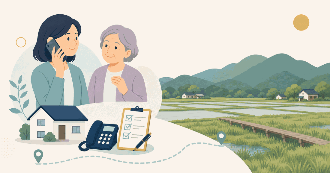 離れて暮らす娘と親、電話、確認表、北広島町の山あいの田園風景を描いた北広島町版の案内イラスト