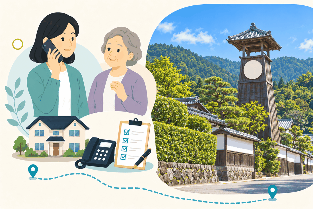 離れて暮らす家族と親、電話、確認表を描いた案内イラスト