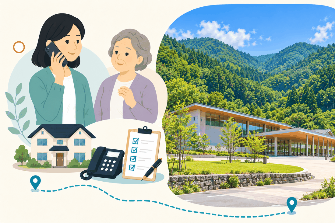 電話で話す家族と親、家、電話、確認表、山あいに建つ記念館の外観を描いた案内イラスト