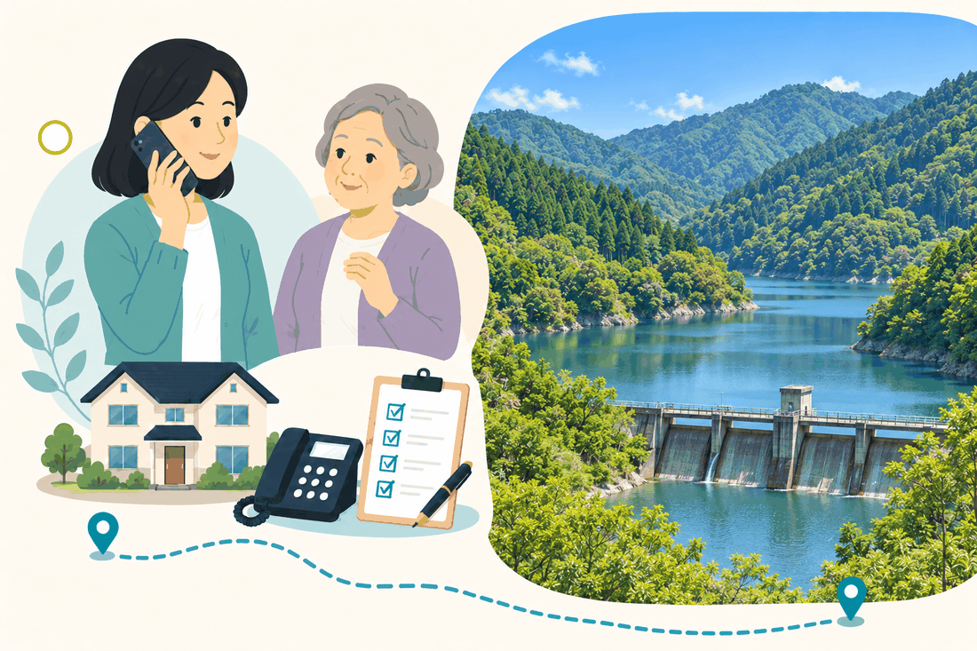 離れて暮らす家族と親、電話、確認表を描いた案内イラスト