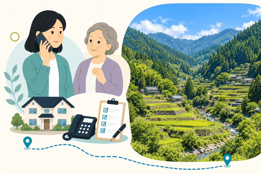 離れて暮らす家族と親、電話、確認表を描いた案内イラスト
