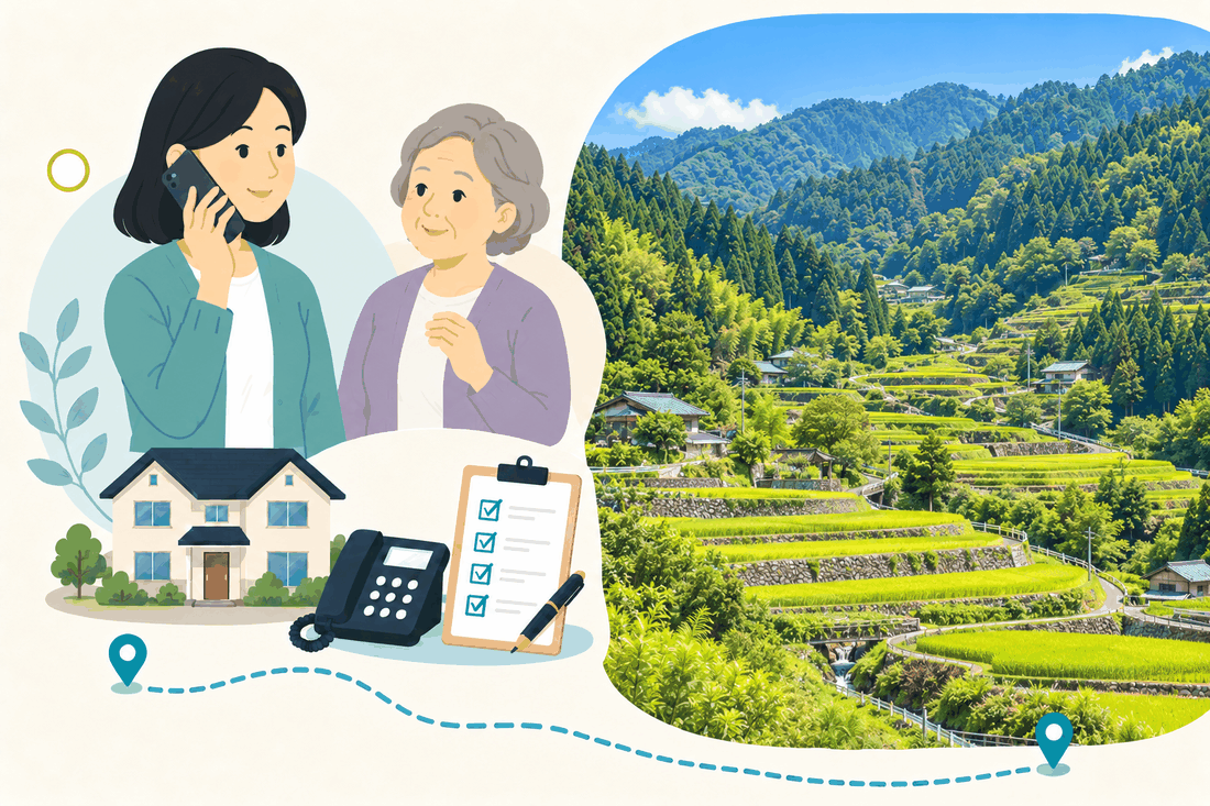 離れて暮らす家族と親、電話、確認表を描いた案内イラスト