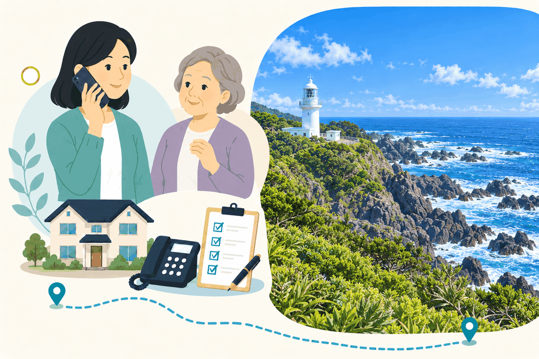 離れて暮らす家族と親、電話、確認表を描いた案内イラスト