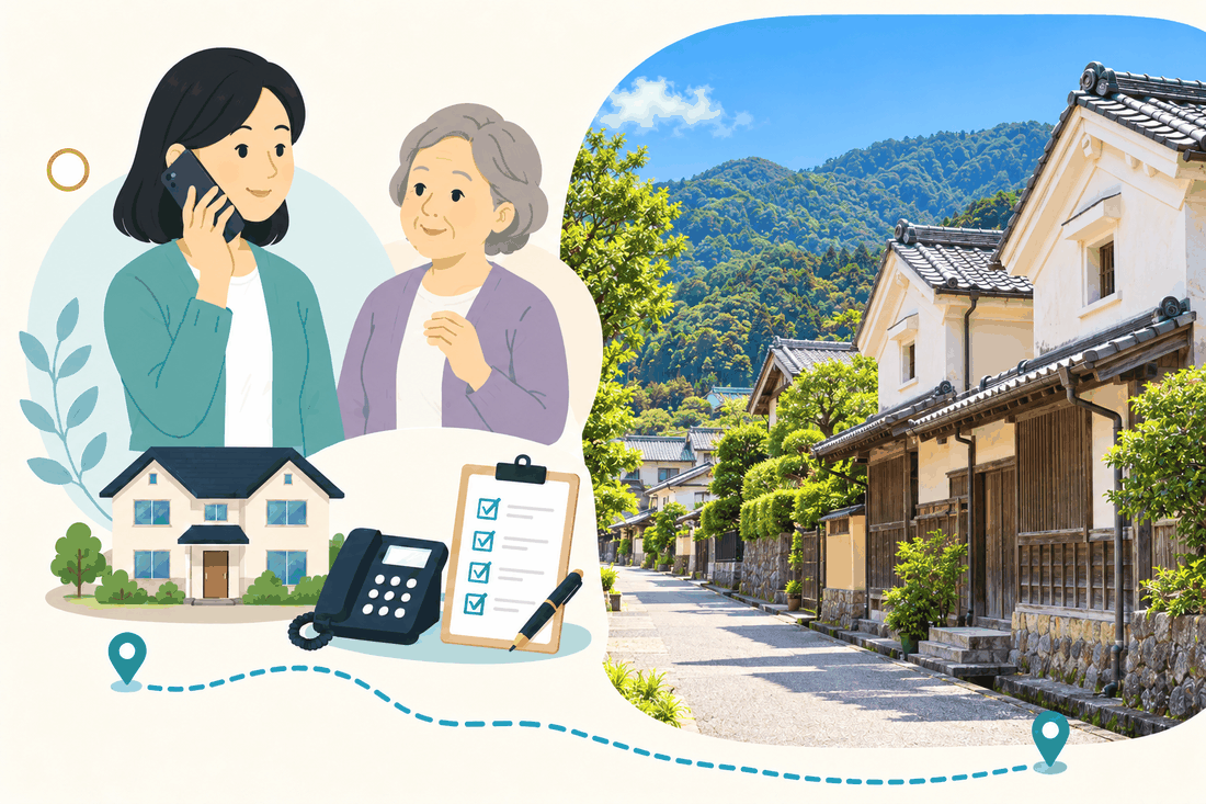 離れて暮らす家族と親、電話、確認表を描いた案内イラスト