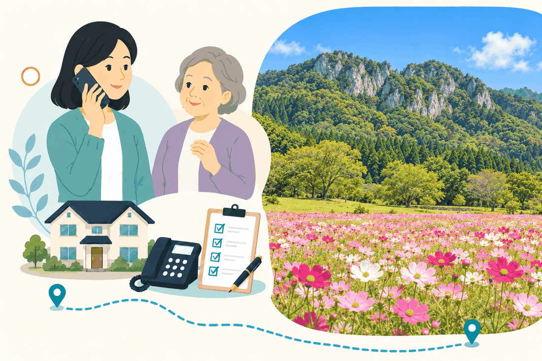 離れて暮らす家族と親、電話、確認表を描いた案内イラスト