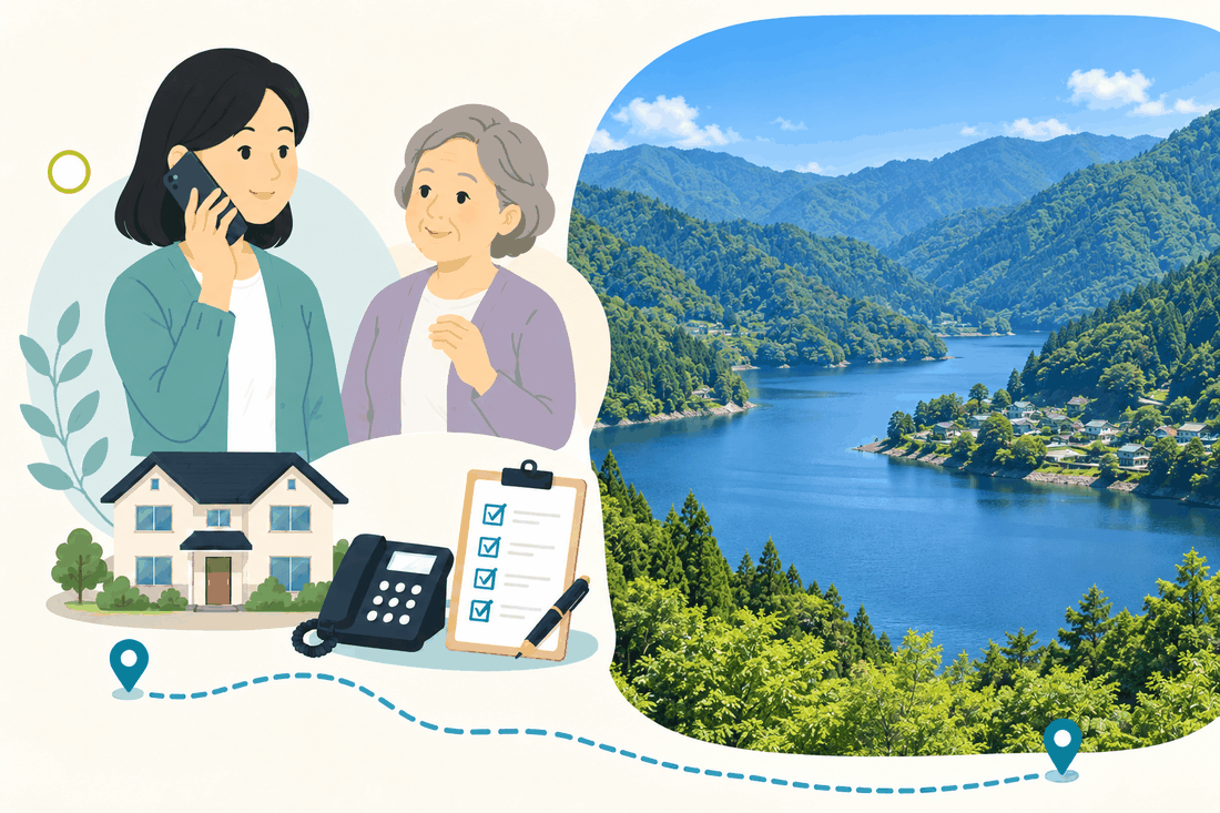 携帯電話で話す娘と親、実家、固定電話、確認表のほか、山あいの湖を描いた案内イラスト
