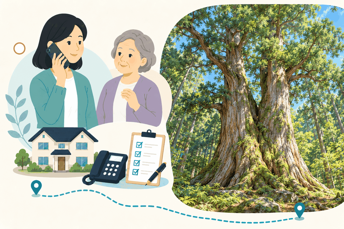 スマホで電話する娘と親、家と固定電話と確認表、並び立つ大きな杉の木を描いた案内イラスト