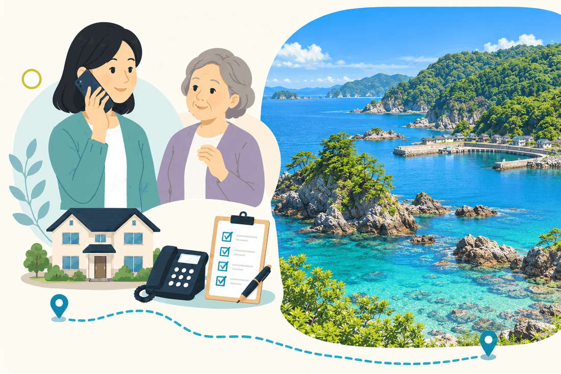 離れて暮らす家族と親、電話、確認表を描いた案内イラスト